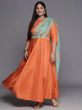 Orange Gold & Green Plus Size Maxi Ethnic Dress-AP-AHKUCRFP-872